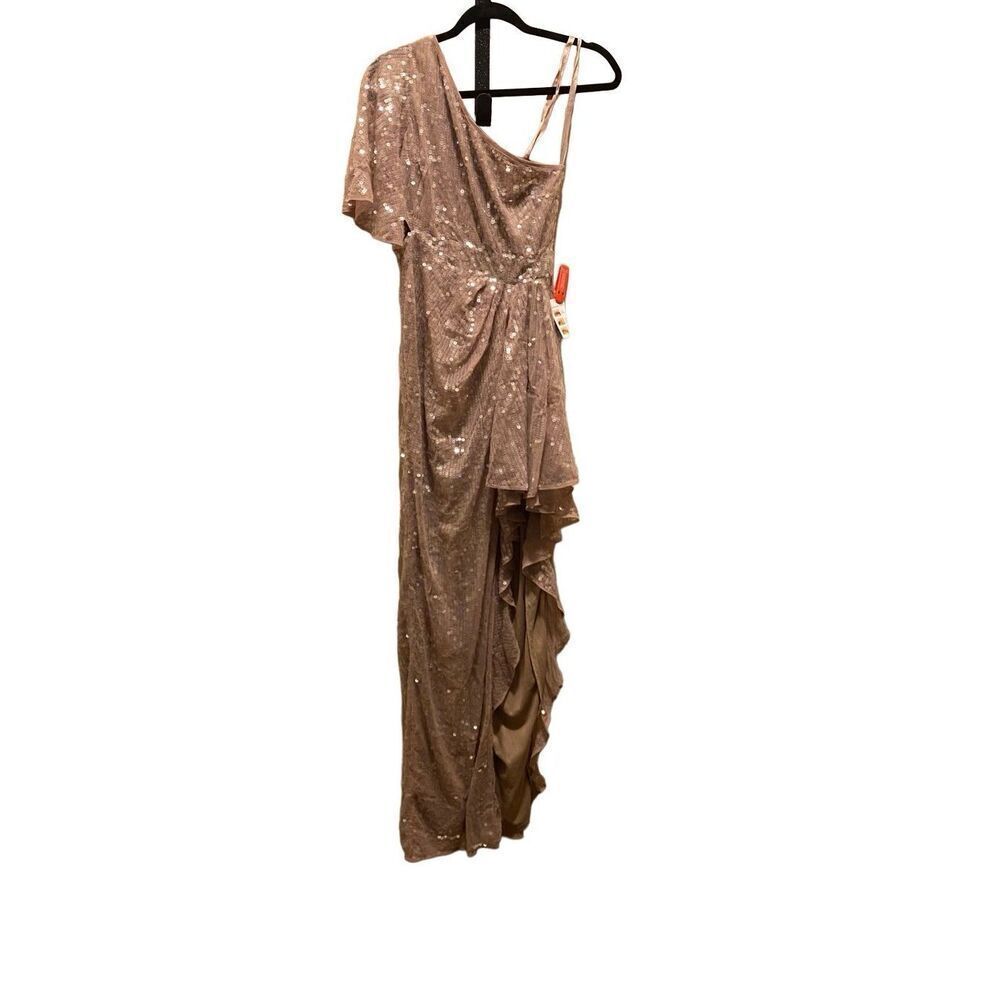 Mac Duggal Sequin Asymmetrical Neck One Shoulder Short Sleeve Ruffle Thigh High